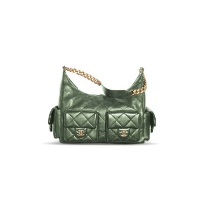 CHANEL HOBO BAG SHINY LAMBSKIN GOLD-TONE METAL GREEN AS5302 (35*27*18cm)